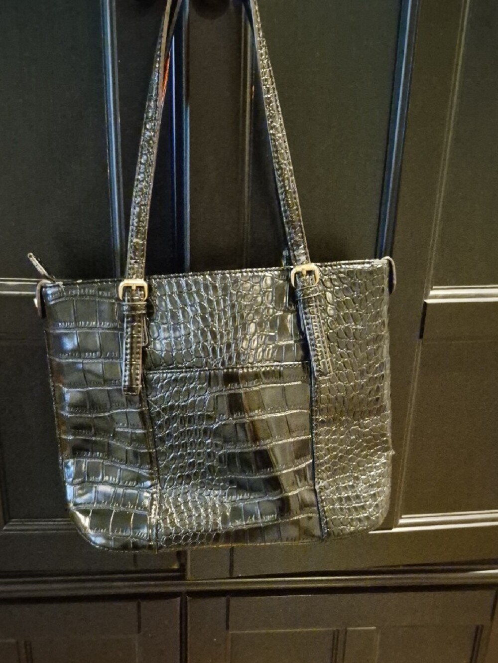 Anne Klein Black Croc-Embossed Tote with Gold Logo Accent - Picture 3 of 6